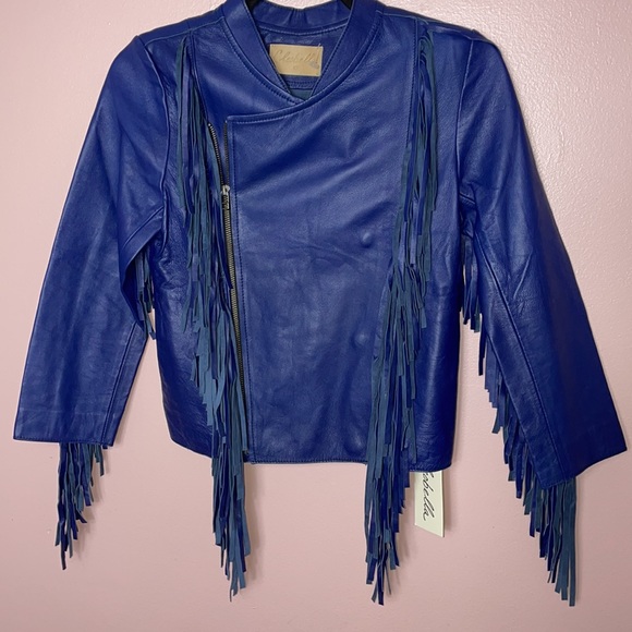 Free People Cleobella Cowgirl Sheep Leather Jacket Navy Rare - Picture 5 of 13